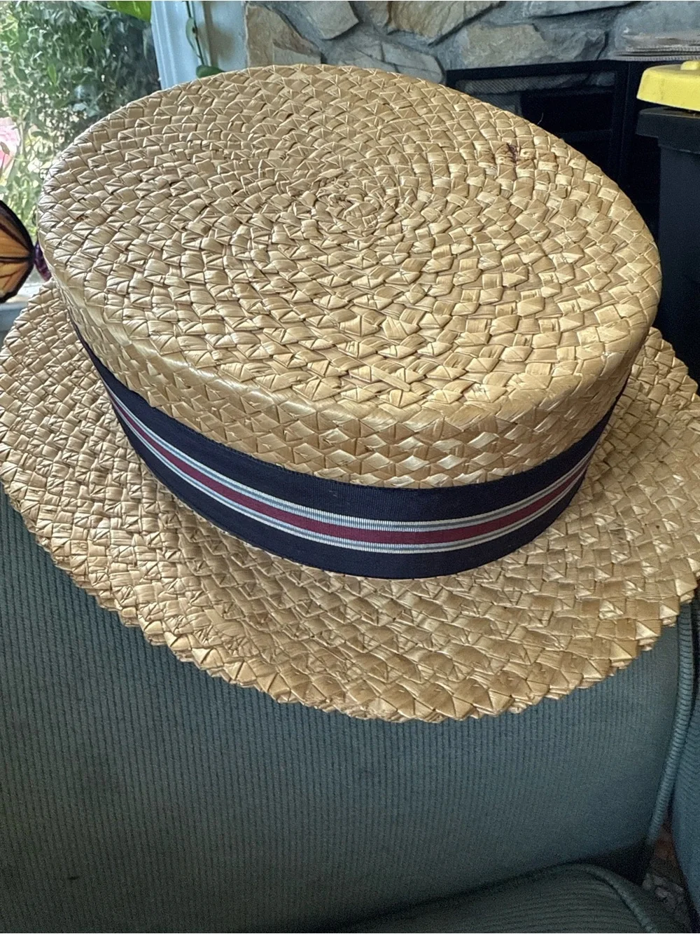 Classic Straw Boater Hat with Navy Striped Band